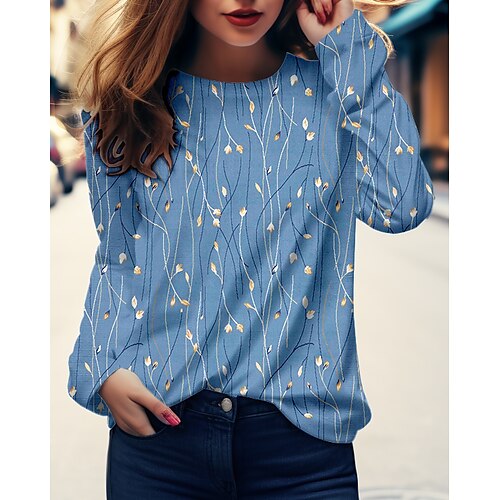 

Damen T Shirt Rosa Blau Grün Blumen Bedruckt Langarm Festtage Wochenende Basic Rundhalsausschnitt Standard Blume Farbe S