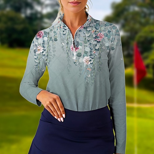 

Damen poloshirt Golfhemd Atmungsaktiv Schnelltrocknend Feuchtigkeitsableitung Langarm Golfbekleidung Golfkleidung Regular Fit Zip Blumen Sommer Tennis Golfspiel Pickleball