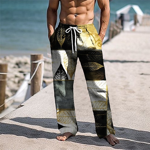 

Homens Calças Calça verão Calças de praia Com Cordão Cintura elástica Impressão 3D Folha Xadrez Bloco de cor Conforto Casual Diário Feriado Roupa de rua Havaiana Amarelo Verde