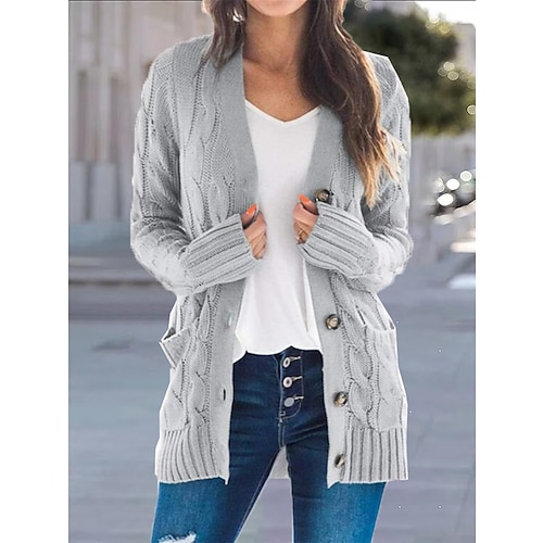 Women's Cardigan Sweater Open Front Cable Chunky Knit Button Pocket Fall Winter Tunic Daily Casual Soft Long Sleeve Solid Color Dark powder Black White S M L
