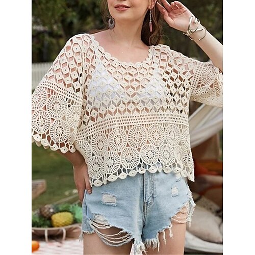 

Mujer Suéter de punto Puente Croché Tejer Ahuecado Borlas Color sólido Cuello Barco Elegante Casual Diario Noche Verano Primavera Blanco Beige S M L