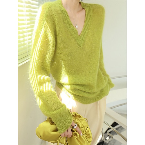 

Pull Maille Femme A côtes Tricoter énorme Couleur unie Col V mode Décontractées Extérieur du quotidien manche longue Automne Hiver Vert Taille unique