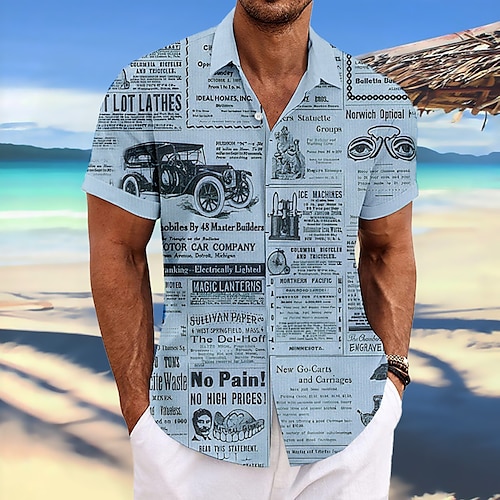 

Hombre Camisa camisa de lino Coche Texto Estampados Cosecha Cuello Vuelto Rosa Azul Piscina Verde Trébol Caqui Gris Exterior Calle Mangas cortas Estampado Ropa Lino Moda Design Casual Suave