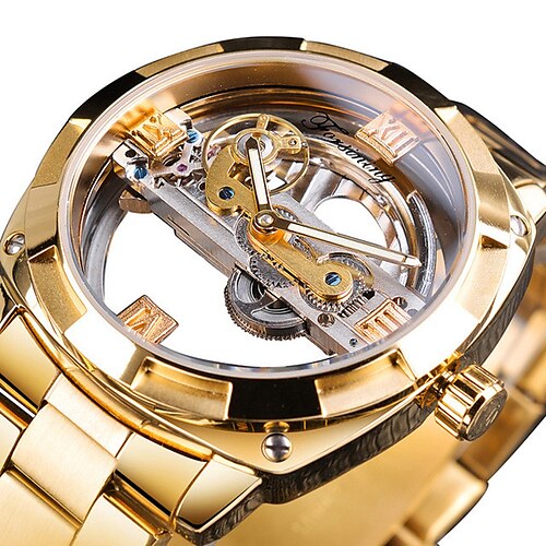

Uhren herren forsining relojes transparentes de doble cara correa de cuero dorada reloj mecánico para hombre