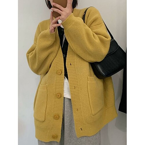 

Mulheres Sueter Cardigan Saltador Estriado Tricotar Botão Bolsos Côr Sólida Decote V à moda Casual Diário Encontro Verão Outono Amarelo Vermelho Tamanho Único