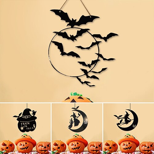 

Arte de pared de metal de Halloween, decoración de pared de bruja, decoración de murciélago, escultura de pared, arte de pared de fase lunar, regalos de hadas para decoración de habitación interior y