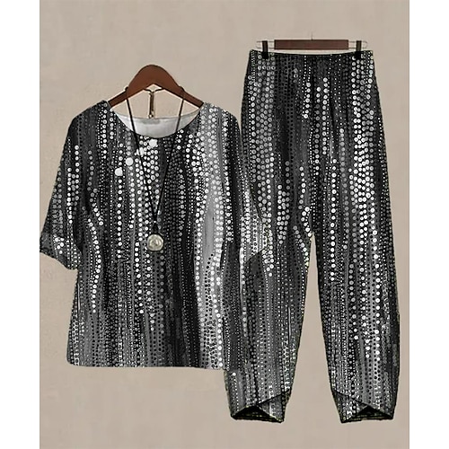

Mulheres Camisa Social Conjuntos de calças Calças Básico Preto Azul Marinha Feriado Final de semana Gráfico Imprimir Decote Redondo S M L XL 2XL