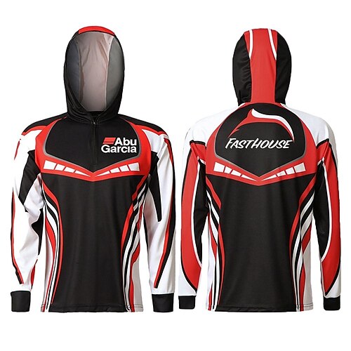 

ABUGARCIA Hombre Camisa de pesca Con Capucha Exterior Manga Larga UPF50 Transpirable Secado rápido Reductor del Sudor Camiseta Verano Primavera Invierno Deporte Pesca Negro Rojo