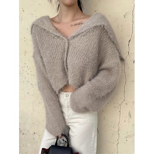 

Mulheres Sueter Cardigan Saltador Estriado Tricotar Cropped Botão Côr Sólida Com Capuz à moda Casual Ao ar livre Diário Verão Outono Preto Branco Tamanho Único