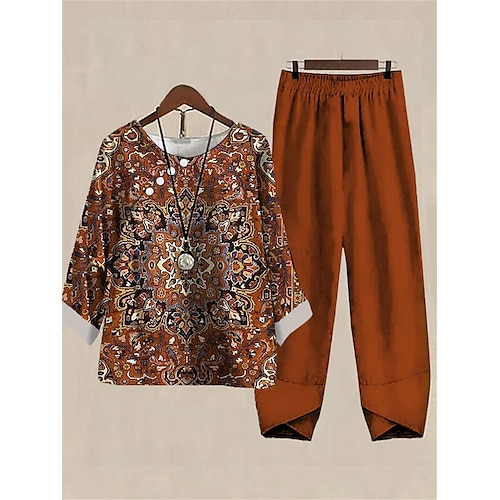 

Mujer Camisa Conjuntos de pantalones Pantalones Básico Naranja Festivos Fin de semana Floral Estampado Escote Redondo S M L XL 2XL