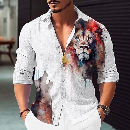 

Homme Chemise Chemise Lin Animal Lion Imprimés Photos Col rabattu Rouge Gris Extérieur Plein Air manche longue Imprimer Vêtement Tenue Lin Mode Vêtement de rue Design Décontractées