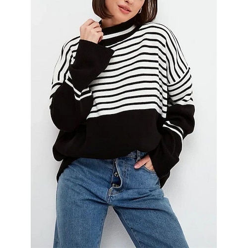 

Women's Pullover Sweater Jumper Jumper Ribbed Knit Print Striped Crew Neck Stylish Casual Outdoor Daily Summer Fall Black Blue One-Size