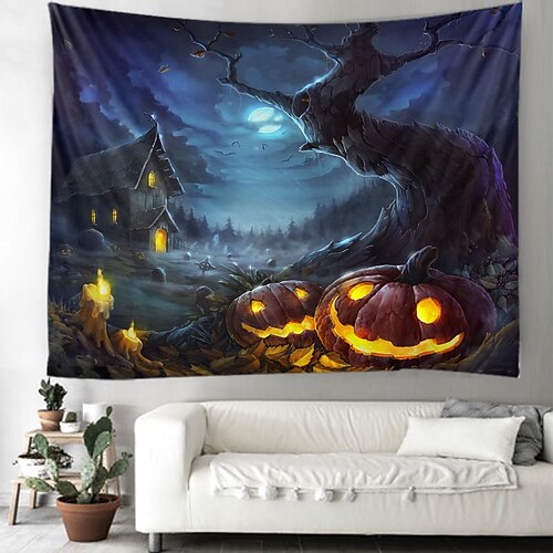 

Halloween Pumpkin Hanging Tapestry Wall Art Large Tapestry Mural Decor Photograph Backdrop Blanket Curtain Home Bedroom Living Room Decoration Graveyard Creepy Moon