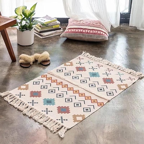

Moroccan Style Tufted Floor Mat Cotton Linen Woven Carpet Machine Washable Bedroom Livingroom