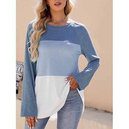 

Women's T shirt Tee Black Red Blue Color Block Long Sleeve Daily Weekend Basic Round Neck Long Painting S
