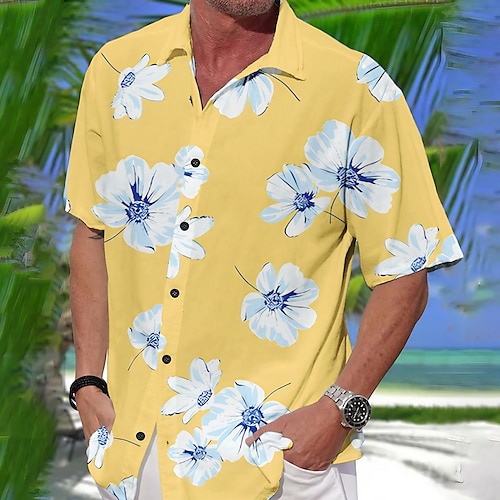 

Homens Camisa Social Floral Estampas Abstratas Aberto para a Lateral Amarelo Azul Ao ar livre Rua Manga Curta Imprimir Roupa Moda Roupa de rua Designer Casual