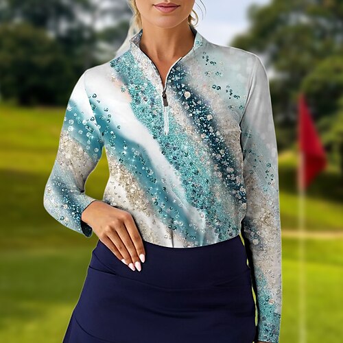 

Damen poloshirt Golfhemd Atmungsaktiv Schnelltrocknend Feuchtigkeitsableitung Langarm Golfbekleidung Golfkleidung Regular Fit Zip Stehkragen Batik Frühling Herbst Tennis Golfspiel Pickleball