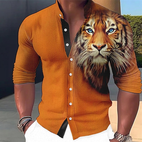 

Men's Shirt Linen Shirt Animal Tiger GraphicStand Collar Blue-Green Red Blue Orange Green Outdoor Street Long Sleeve Print Clothing Apparel Linen Shirt Fashion Streetwear Designer Casual