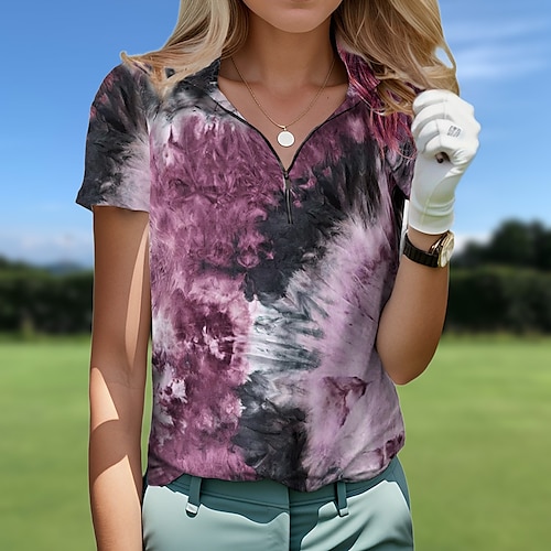 

Mulheres Camisa polo de caminhada Camisa de golfe Respirável Secagem Rápida Pavio Humido Manga Curta Vestuário de golfe Roupas de golfe Normal Zíper Colarinho Alto Estampado Verão Tênis Golfe