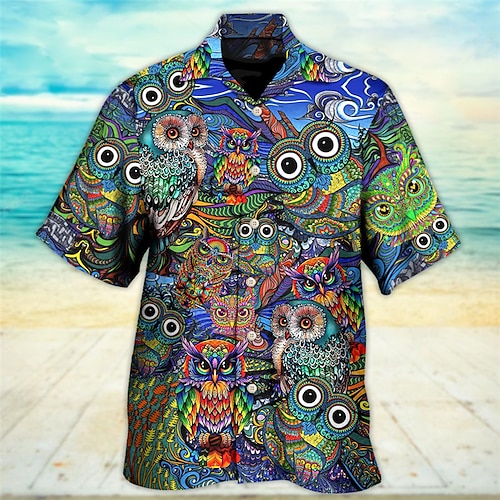 

Hombre Camisa Búho Estampados Collar Cubano Azul Piscina Exterior Casual Manga Corta Estampado Ropa Deportes Moda Ropa de calle Design