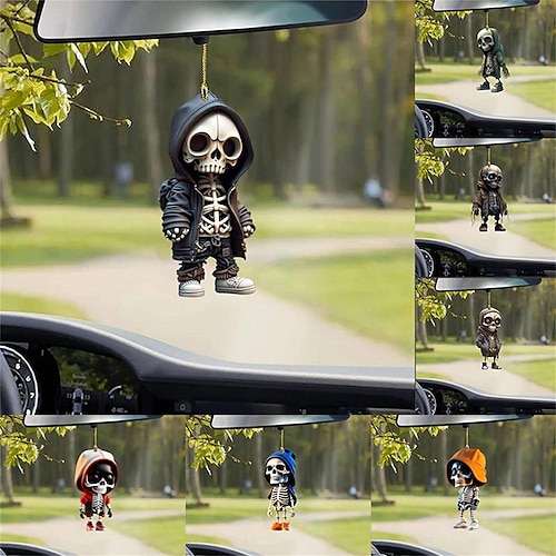 

Halloween Car Mirror Swing Pendant Acrylic Skeleton Figurine Flat Car Interior Decoration Auto Rearview Mirror Pendant Ornaments Accessory