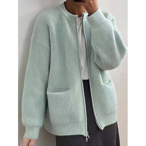 

Women's Cardigan Sweater Jumper Ribbed Knit Zipper Pocket Solid Color Crew Neck Stylish Casual Outdoor Daily Summer Fall Pink Light Blue One-Size