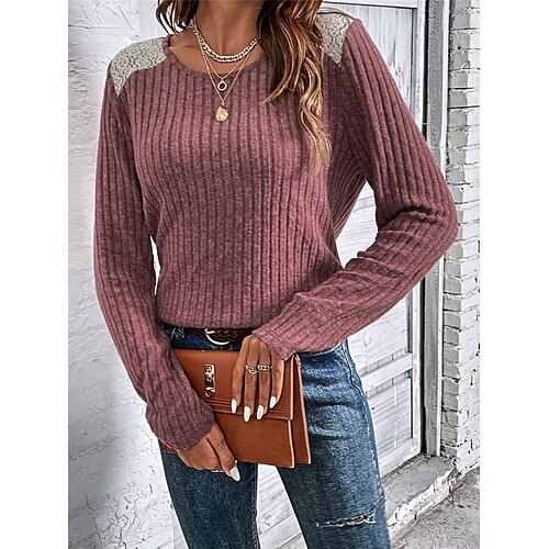 

Pull Maille Femme A côtes Tricoter Patchwork Garniture en dentelle Couleur unie Col Ras du Cou mode Décontractées du quotidien Sortie manche longue Eté Printemps Noir Rouge S M L