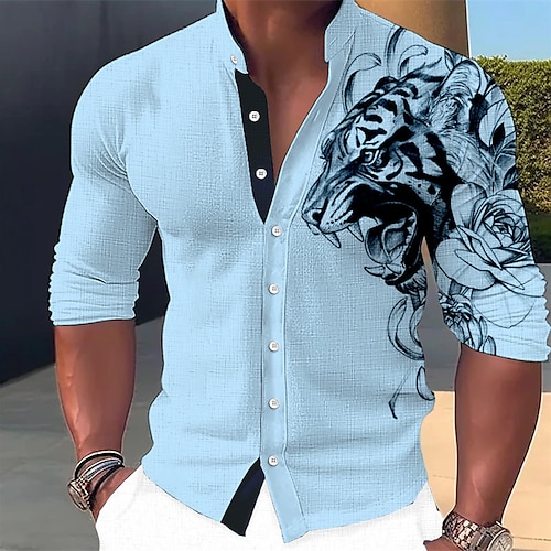  Men's Animal Tiger Shirt Button Up Shirt Long Sleeve Fashion Streetwear Designer Outdoor Casual Daily Summer Spring Fall Stand Collar Print White Pink Blue Green Khaki