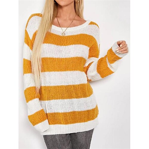 

Women's Pullover Sweater Jumper Jumper Ribbed Knit Oversized Color Block Crew Neck Stylish Casual Outdoor Daily Summer Fall Orange Light Blue S M L