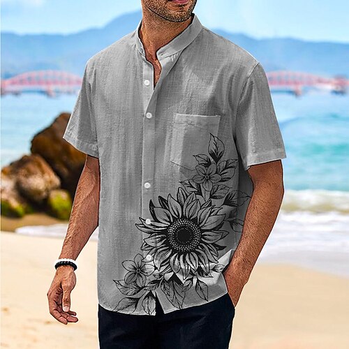 

Men's Shirt Linen Shirt Floral Graphic Prints Stand Collar Green Khaki Gray Outdoor Street Short Sleeve Print Clothing Apparel Linen Fashion Streetwear Designer Casual