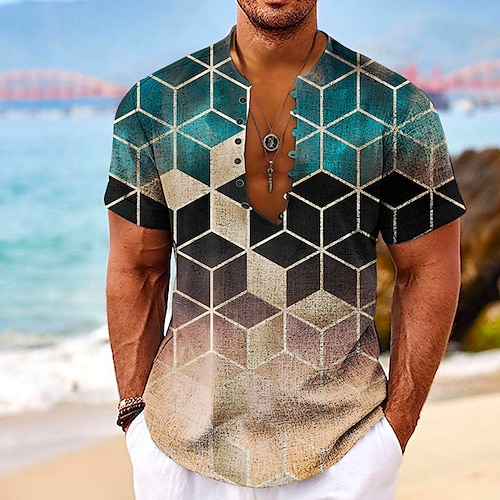 

Herren Hemd leinenhemd Farbverlauf Grafik-Drucke Geometrie ohne Kragen Blau Khaki Outdoor Strasse Kurzarm Bedruckt Bekleidung Leinen Modisch Strassenmode Designer Brautkleider schlicht