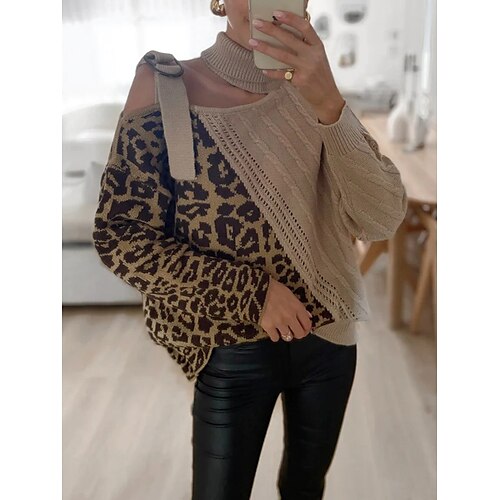 

Mulheres Pulôver suéter Saltador Estriado Tricotar Ombro frio Buraco Leopardo Gola Alta à moda Casual Ao ar livre Diário Verão Outono Cáqui S M L