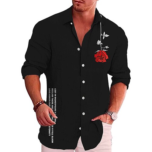 

Hombre Camisa camisa de lino Letra Rosa Estampados Cuello Vuelto Negro Azul Piscina Marrón Verde Trébol Exterior Calle Manga Larga Estampado Ropa Lino Moda Ropa de calle Design Casual