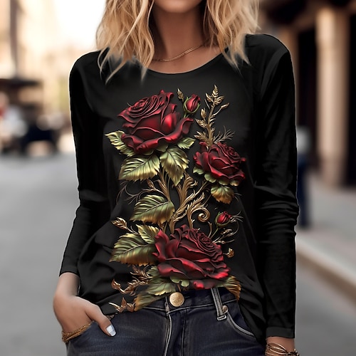 

Mujer Camiseta Negro Floral Estampado Manga Larga Festivos Fin de semana Básico Escote Redondo Regular Flor Pintura S