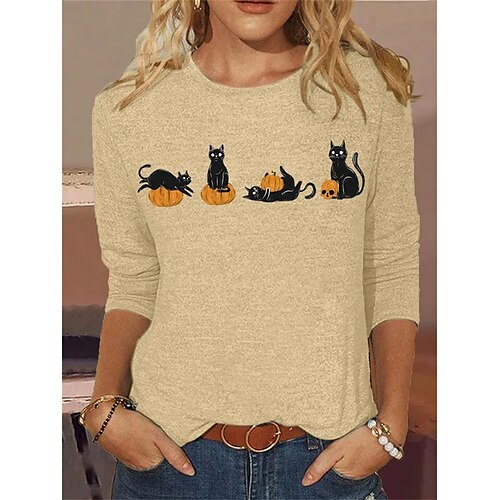 

Women's T shirt Tee White Pink Blue Cat Pumpkin Print Long Sleeve Halloween Weekend Basic Round Neck Regular Painting S