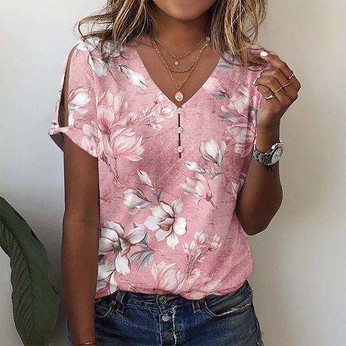 

Women's T shirt Tee Henley Shirt Floral Button Cut Out Print Holiday Weekend Basic Short Sleeve V Neck Pink