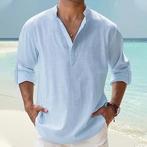 

Men's Linen Shirt Popover Shirt Casual Shirt Beach Shirt Black White Pink Blue Long Sleeve Plain Henley Spring & Summer Hawaiian Holiday Clothing Apparel