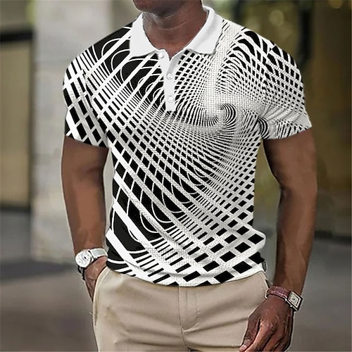  Herr Geometrisk Våffelpikétröjor Golftröja Kortärmad Polotröjor Skjortor med krage Business Casual Semesterkläder Högtidskläder Festivalkläder Knappar 3D-utskrift Vit Gul Marinblå