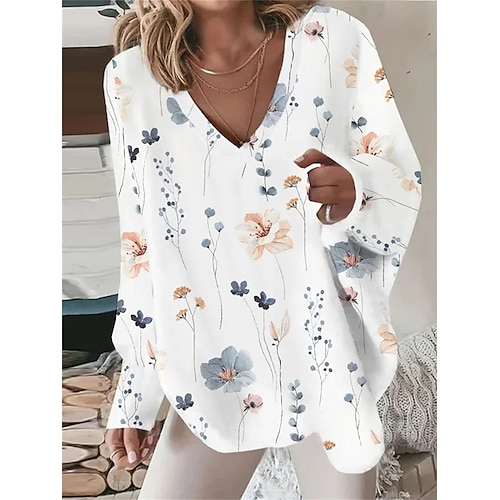 

Mujer Sudadera Pull-over Activo Ropa de calle Blanco Floral Casual Escote en Pico Manga Larga