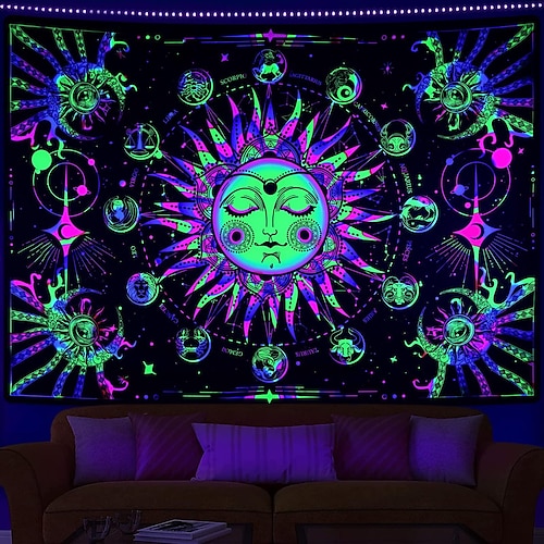 

tapeçaria de sol ardente de luz negra boho hippie tapeçaria de sol e lua uv zodíaco astrologia tapeçaria constelação tapeçaria brilho nos olhos escuros tapeçaria pendurada na parede para o quarto