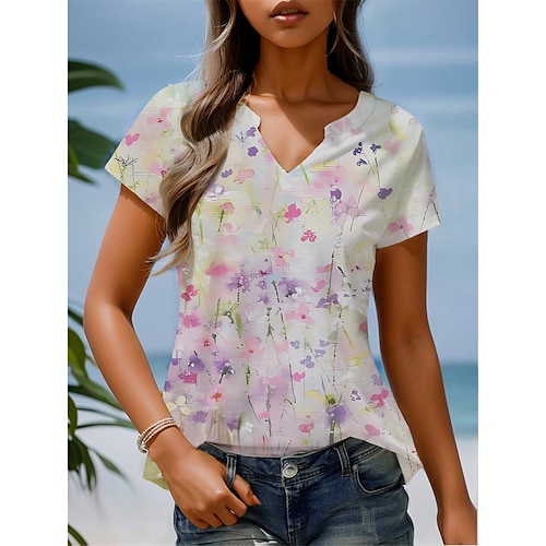 

Women's T shirt Tee Pink Purple Floral Print Short Sleeve Holiday Weekend Basic V Neck Regular Floral Painting S