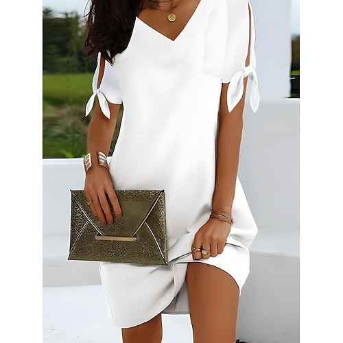 

Women's White Dress Casual Dress Pure Color Bow V Neck Mini Dress Elegant Basic Daily Weekend Short Sleeve Regular Fit Black White Pink Summer Spring S M L XL XXL