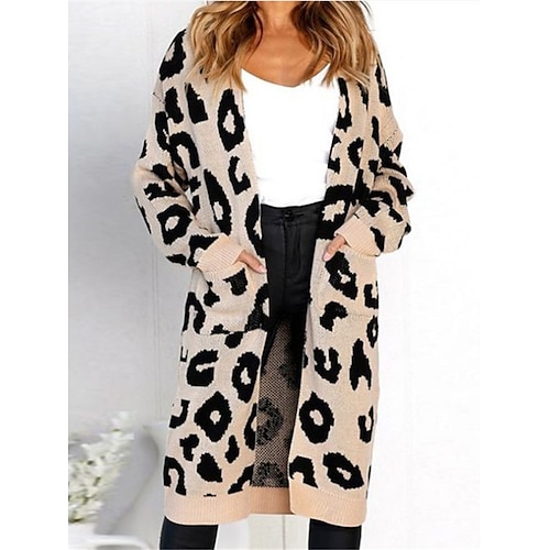 

Women's Cardigan Sweater Jumper Ribbed Knit Tunic Pocket Leopard Open Front Stylish Casual Outdoor Daily Summer Fall Black Yellow S M L