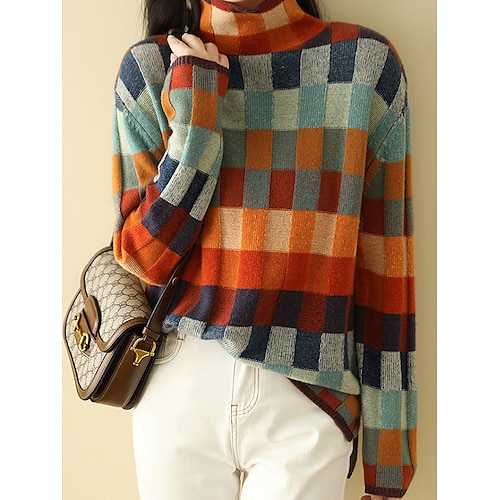 

Damen Pullover Strickwaren Gerippt Stricken Patchwork Plaid Ständer Stilvoll Brautkleider schlicht Täglich Ausgehen Sommer Herbst Regenbogen S