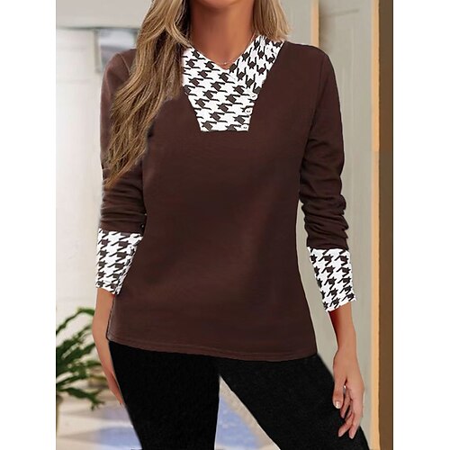 

Women's Pullover Sweater Jumper Jumper Ribbed Knit Print Houndstooth V Neck Stylish Casual Outdoor Daily Fall Winter Black Wine M L XL