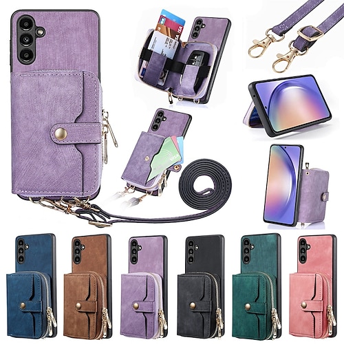 

téléphone cas pour samsung galaxy sac à main sac à main portefeuille cas s23 s22 ultra plus s21 fe s20 a54 a73 note 20 10 zipper avec bandoulière amovible avec titulaire de la carte couleur unie tpu