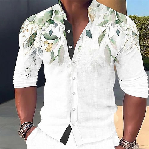 

Homens Camisa Social camisa de linho Floral Estampas Abstratas Folhas Colarinho Chinês Rosa Azul Roxo Verde Cinzento Ao ar livre Rua Manga Longa Imprimir Roupa Linho Moda Roupa de rua Designer Casual