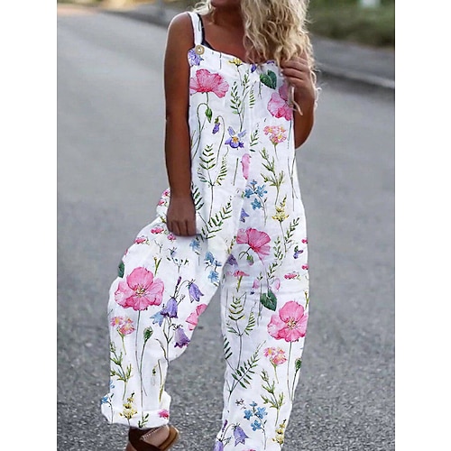 

White Jumpsuits for Women Casual Summer Overall Button Pocket Floral U Neck Holiday Daily Vacation Casual Straight Regular Fit Sleeveless Sleeveless S M L