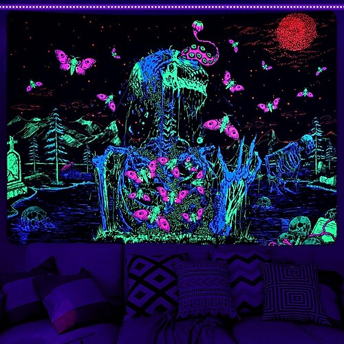 

caveira de halloween borboleta tapeçaria de luz negra uv reativo trippy floresta enevoada tapeçaria pendurada mural de arte de parede para sala de estar quarto