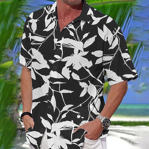 Men's Shirt Graphic Shirt Aloha Shirt Leaves Turndown Black White